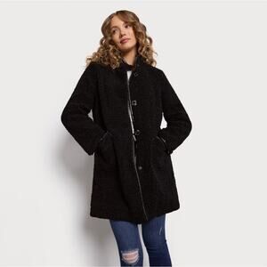 SAM EDELMAN Button Front Teddy Sherpa Coat Vegan Leather Trim Black